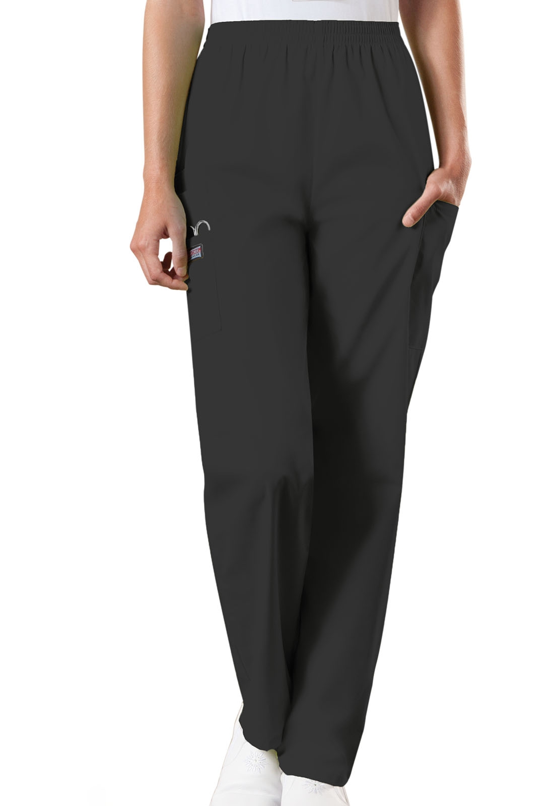 Cherokee WorkWear Originals Women's Elastic Pull On Cargo Scrub Pants-4200 (Black - Medium Petit